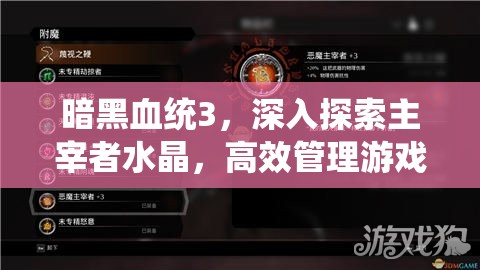 暗黑血统3，深入探索主宰者水晶，高效管理游戏资源策略