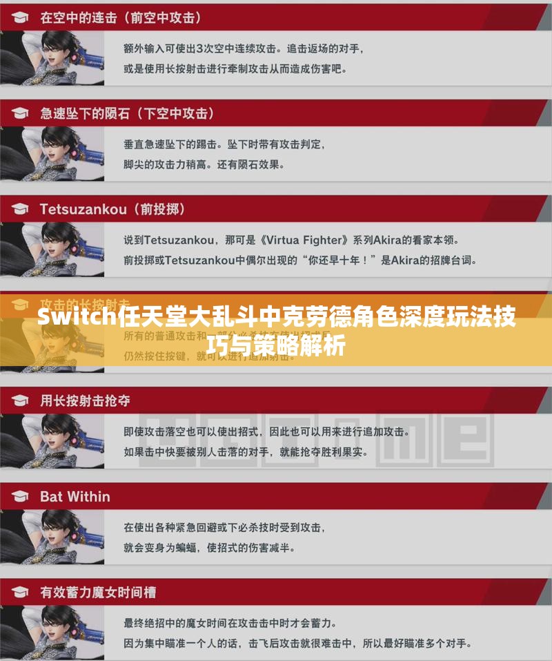 Switch任天堂大乱斗中克劳德角色深度玩法技巧与策略解析