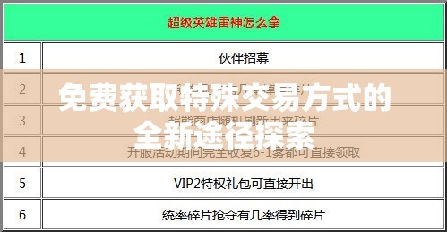 免费获取特殊交易方式的全新途径探索